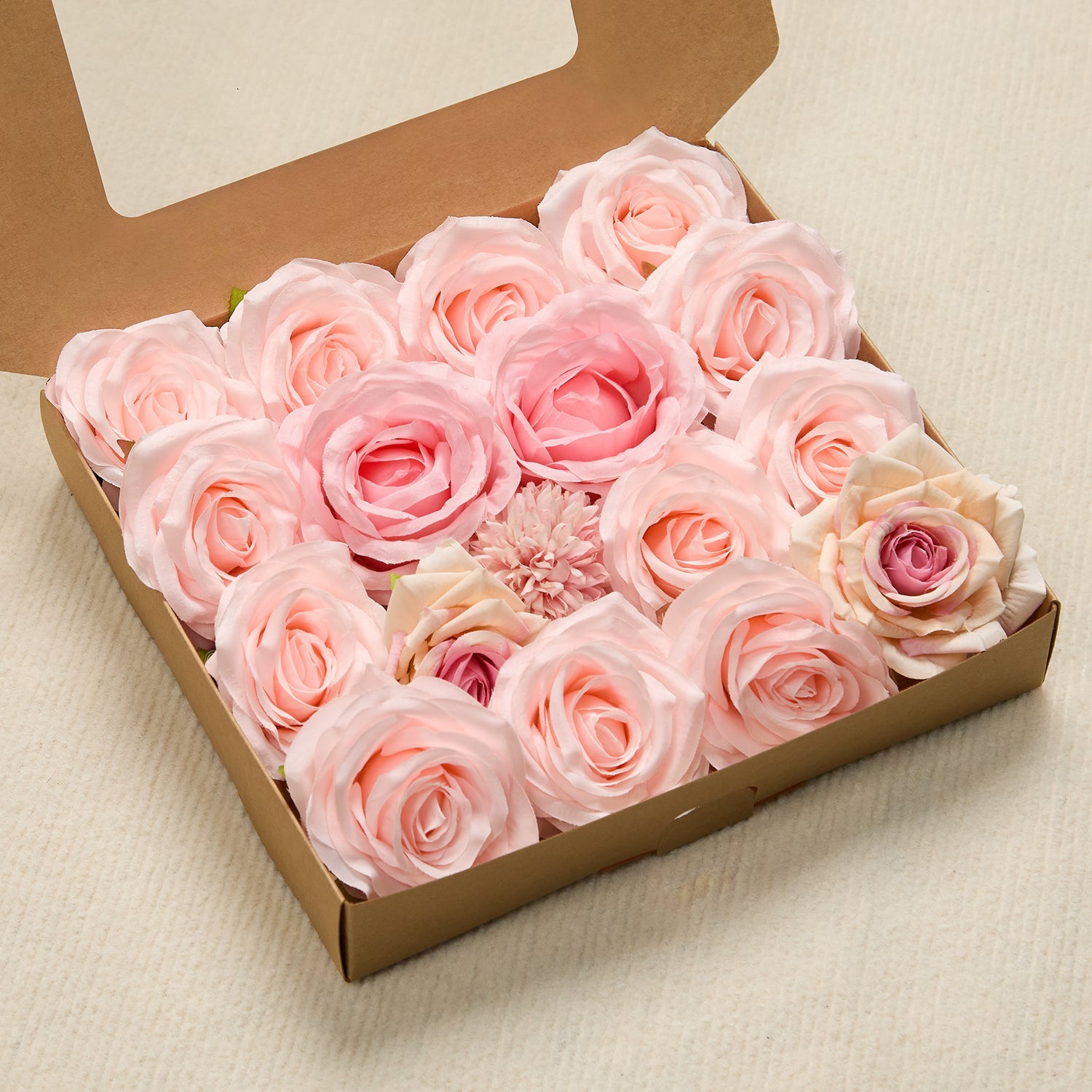 Pink rose wedding flower box with stems