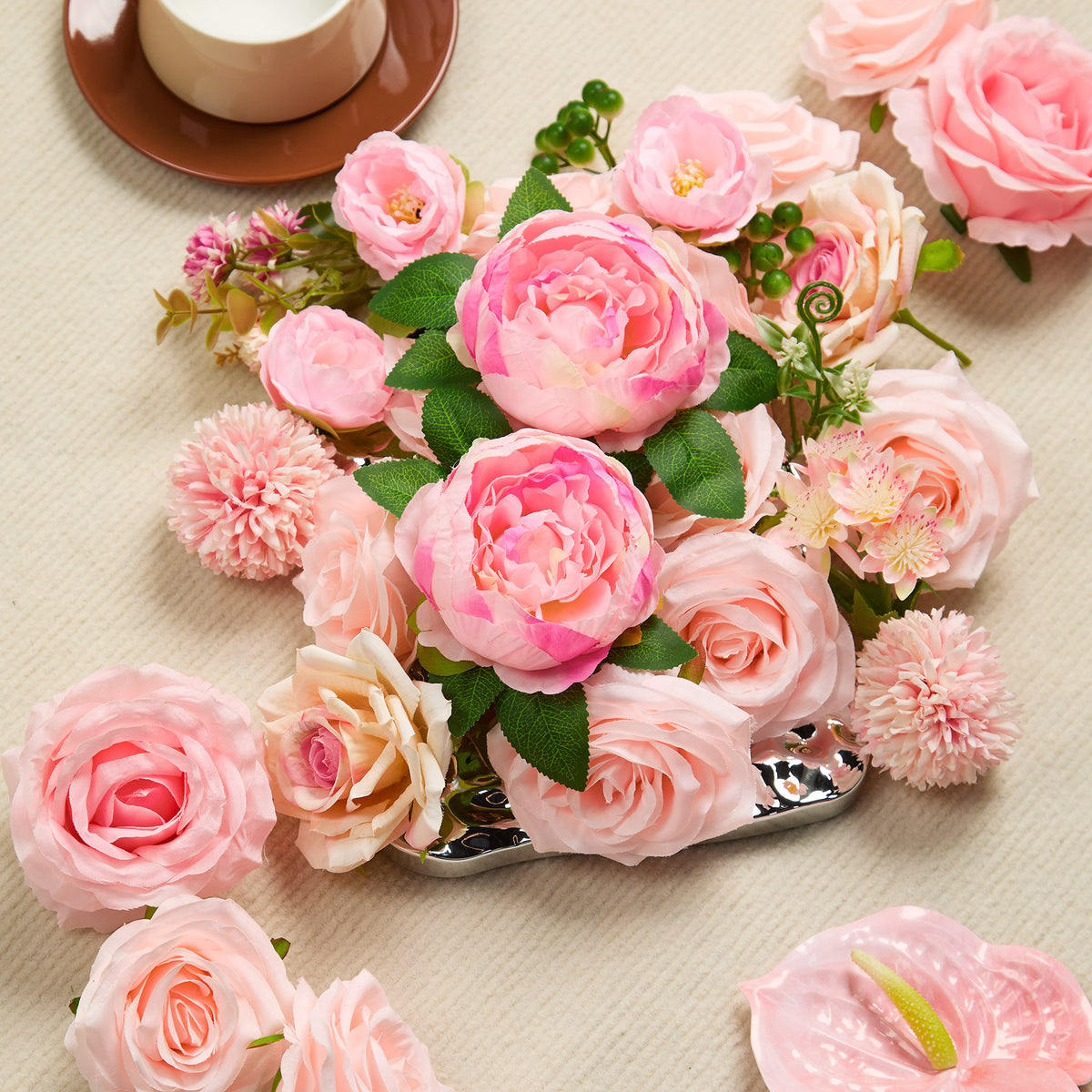 Pink rose wedding flower box with stems