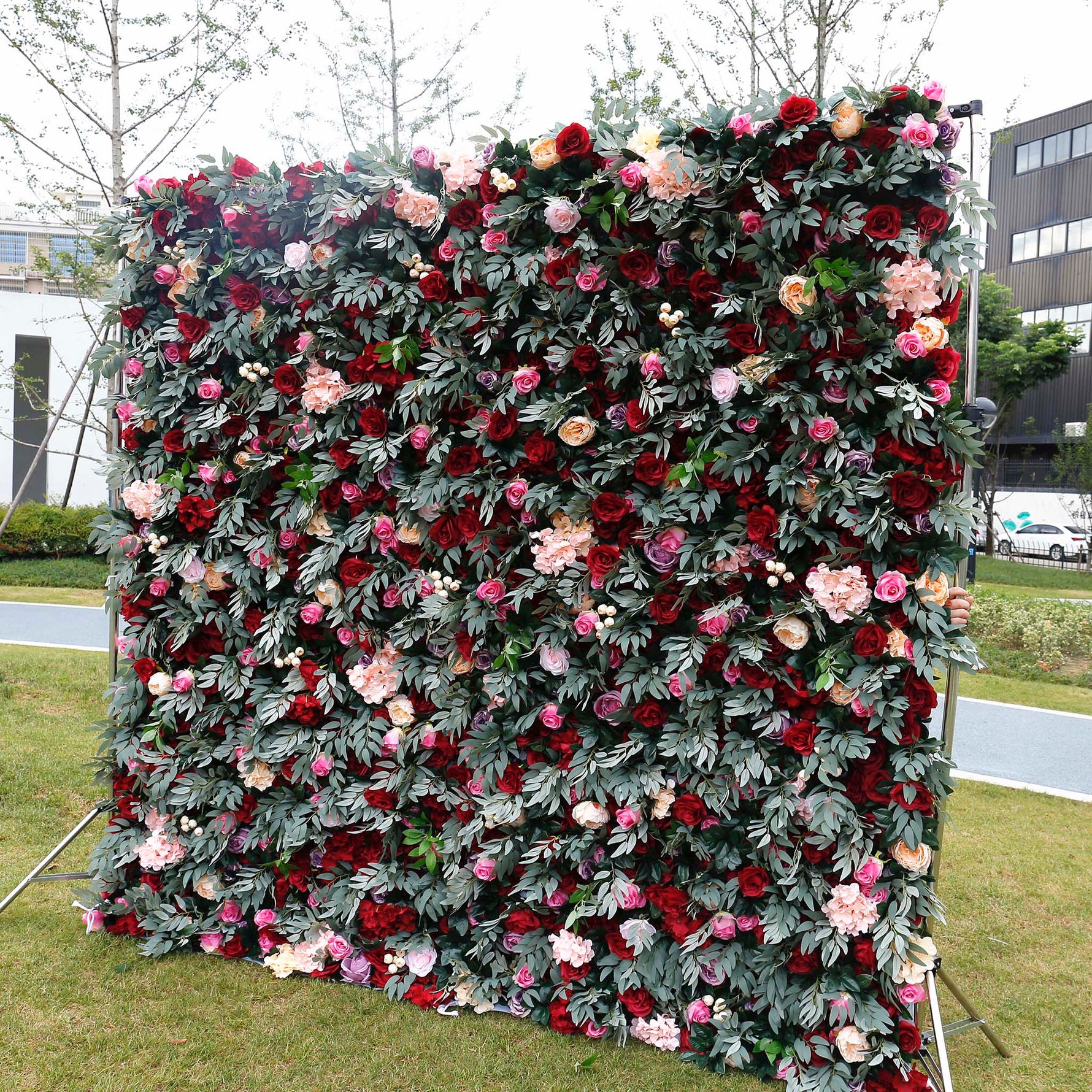 Aliflowers Red Rose with Green Plant Wedding Fabric Flower Wall ALFWL062 - Ali Flowers