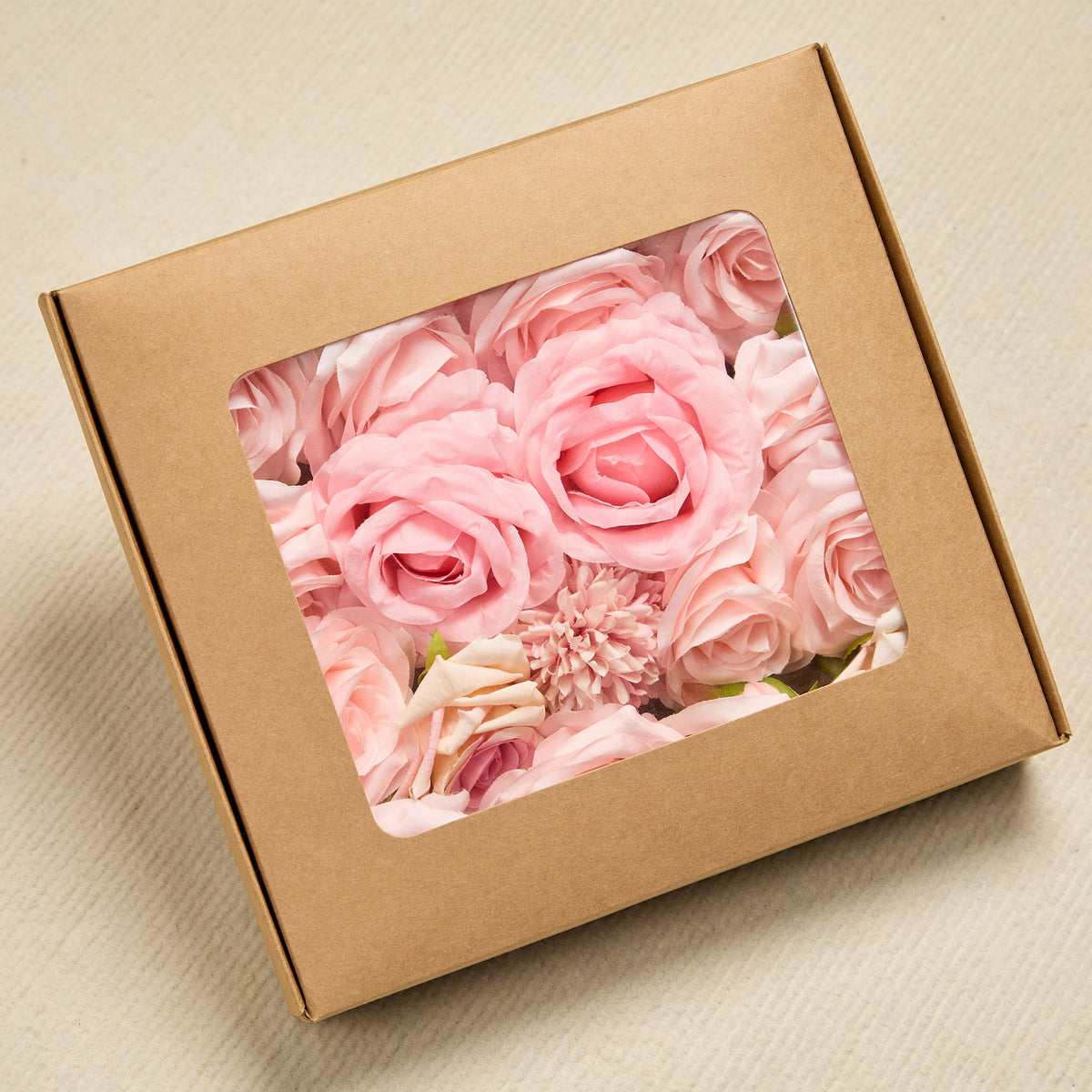 Pink rose wedding flower box with stems