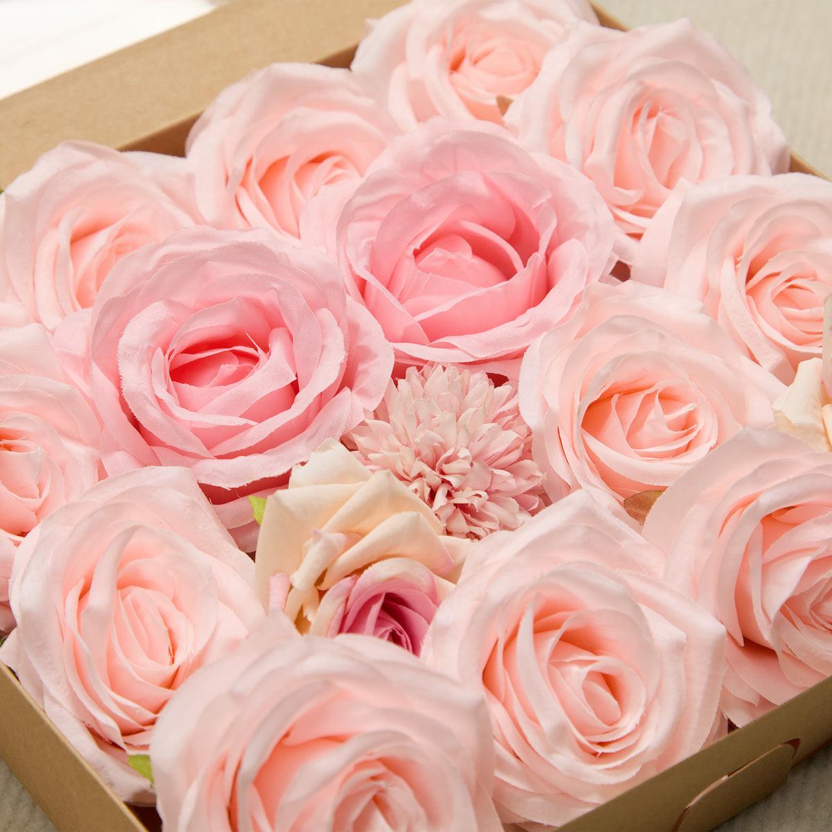 Pink rose wedding flower box with stems