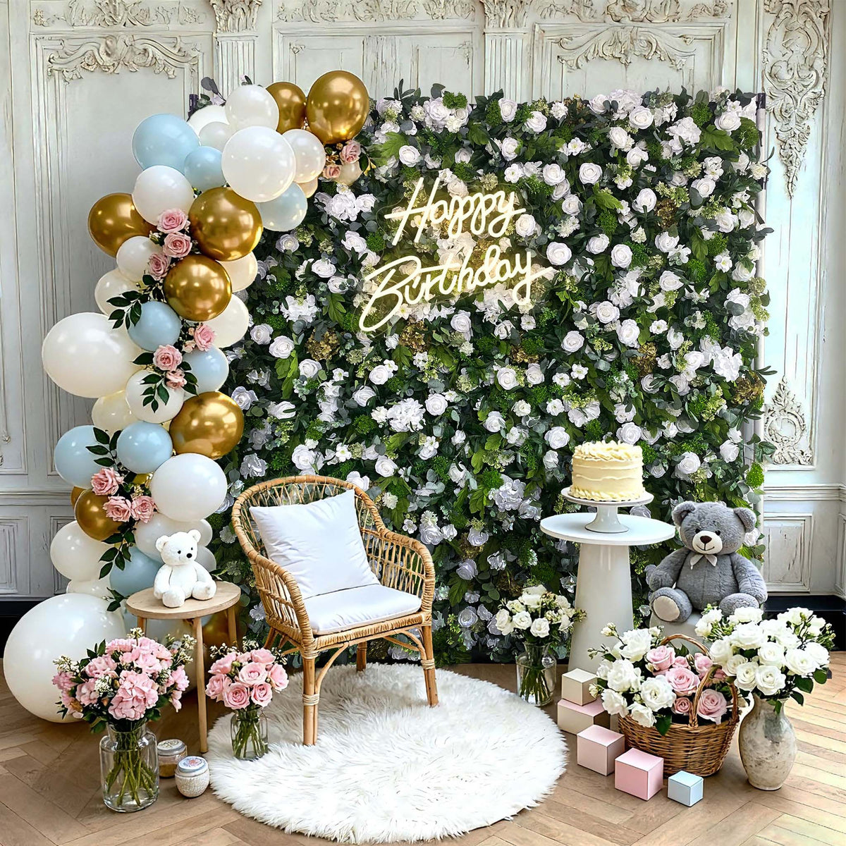 Aliflowers 5D White Rose & Green Leaf Artificial Curtain Flower Wall for Event & Party Backdrop ALFWL185