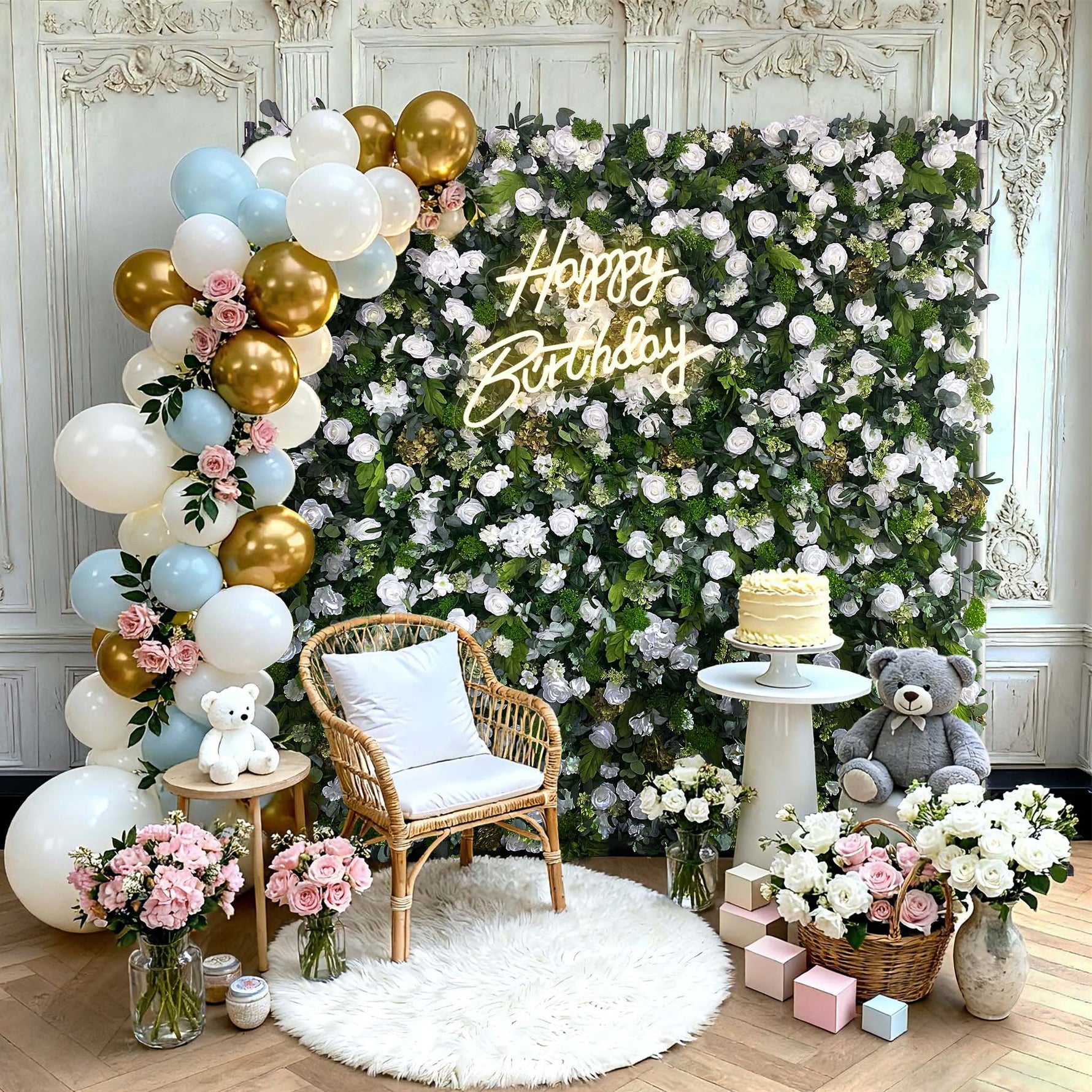 Aliflowers 5D White Rose & Green Leaf Artificial Curtain Flower Wall for Event & Party Backdrop ALFWL185