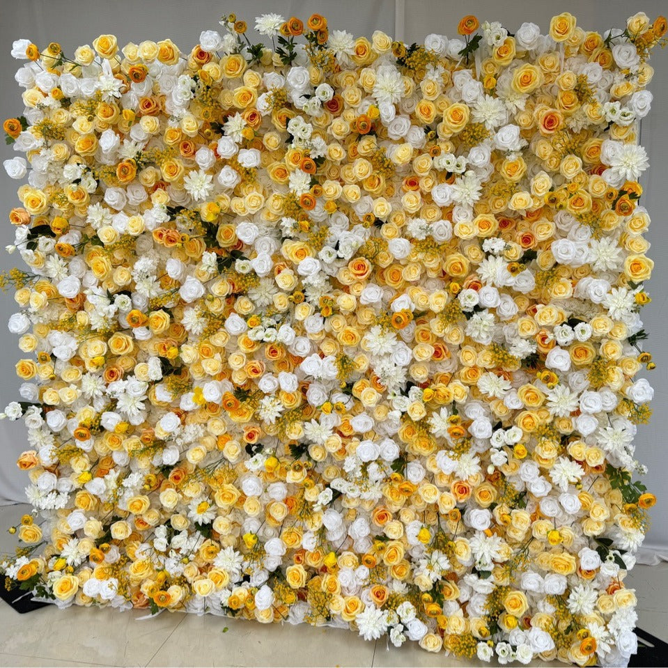 Aliflowers 3D Yellow & White Rose Fabric Roll Up Flower Wall for Wedding & Party Decor AlFWL186