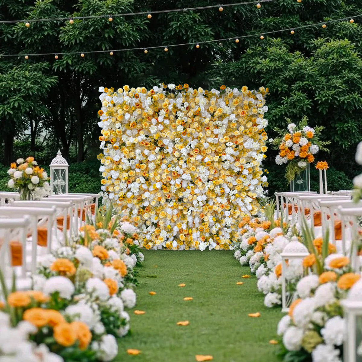 Aliflowers 3D Yellow & White Rose Fabric Roll Up Flower Wall for Wedding & Party Decor AlFWL186