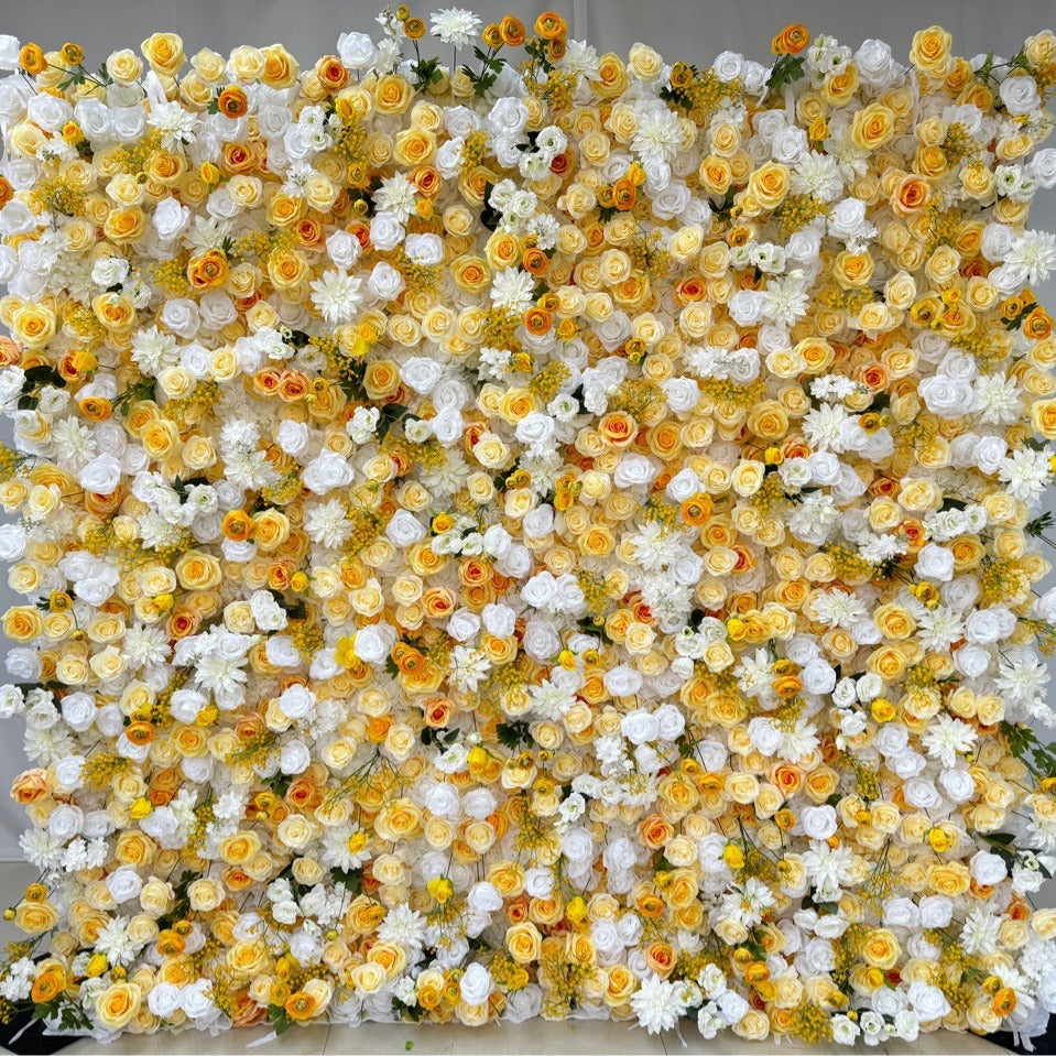Aliflowers 3D Yellow & White Rose Fabric Roll Up Flower Wall for Wedding & Party Decor AlFWL186